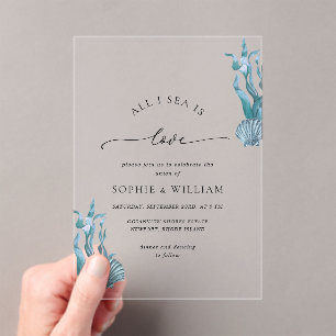 Invitations En Acrylique Blue Seashell Mer Océan Mariage côtier nautique