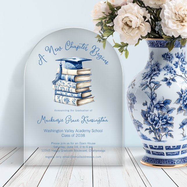 Invitations En Acrylique Blue Toile Livres Coquette Nouveau Chapitre Gradua (Blue Toile Books Coquette New Chapter Graduation Acrylic Invitations)