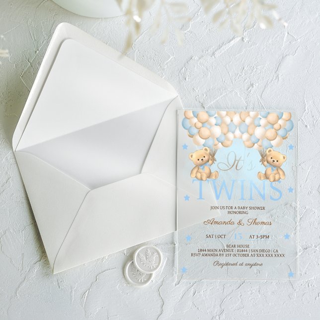 Invitations En Acrylique Blue Twin Boys Bear Balloons Baby shower (Créateur téléchargé)