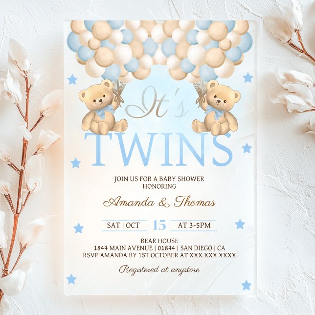 Invitations En Acrylique Blue Twin Boys Bear Balloons Baby shower (Créateur téléchargé)