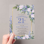 Invitations En Acrylique Blue White Floral 21e anniversaire Surprise Party<br><div class="desc">Imprimé sur un arrière - plan acrylique transparent. Faites honneur à une femme spéciale avec cette invitation élégante et féminine du 21e anniversaire de la Surprise Party. Surprise et 21e sont écrits en gros bleu. Célébration d'anniversaire suit. Le nom de l'invité honoré est également en lettres majuscules bleues. Les détails...</div>