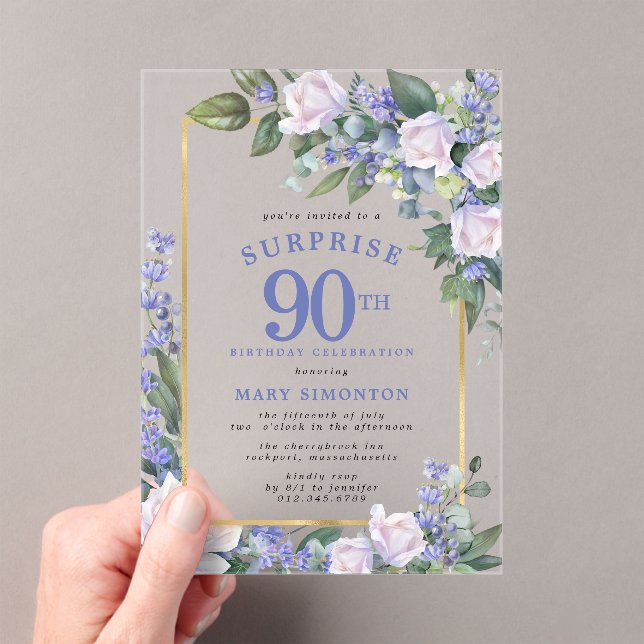 Invitations En Acrylique Blue White Floral 90e anniversaire Surprise Party (In situ (ordinateur de poche))