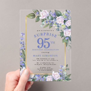 Invitations En Acrylique Blue White Floral 95e anniversaire Surprise Party