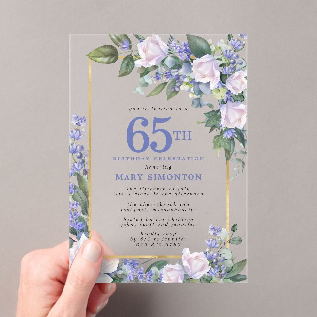 Invitations En Acrylique Blue White Gold Floral 65e anniversaire (In situ (ordinateur de poche))