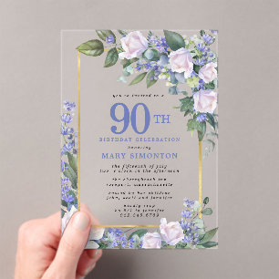 Invitations En Acrylique Blue White Gold Floral 90e anniversaire