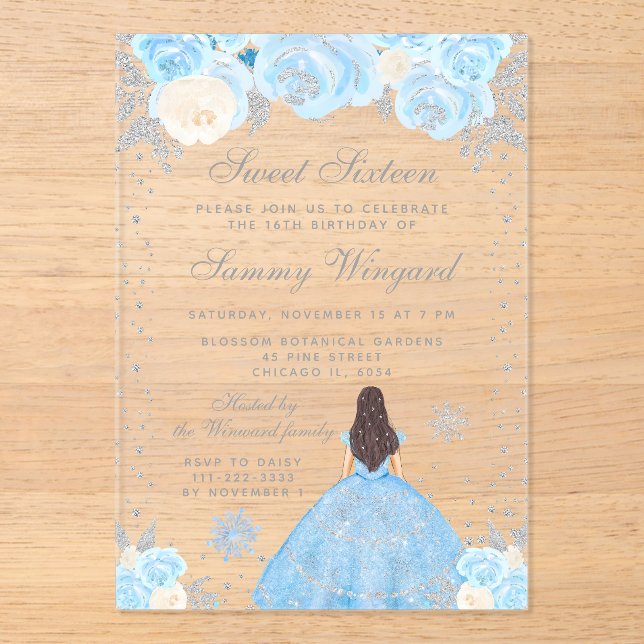Invitations En Acrylique Blue Winter Brunette Hair Princesse Sweet sixteen (Recto)