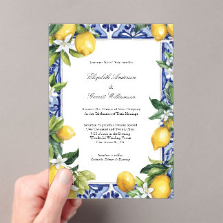 Invitations En Acrylique Blue Yellow Lemon Mediterranean Tile Wedding