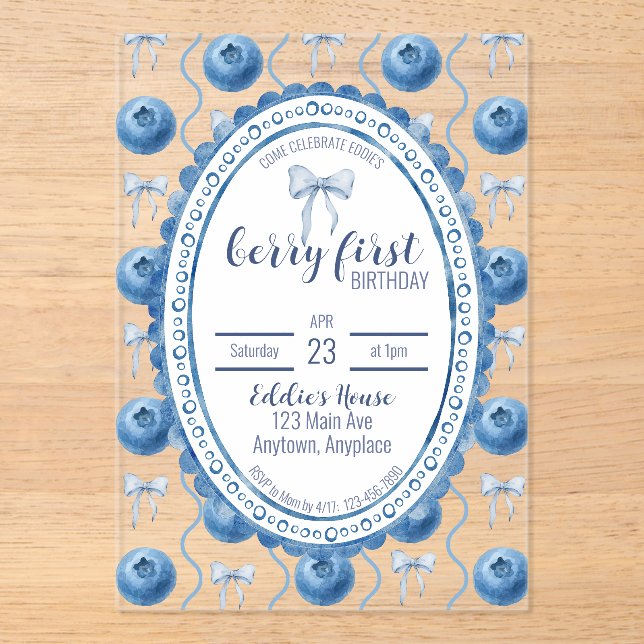Invitations En Acrylique Blueberry Baby's Berry First 1st Birthday Party (Recto)