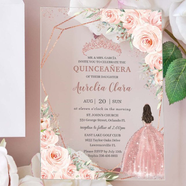 Invitations En Acrylique Blush Chic Fleur Rose Gold Quinceañera Princesse (Créateur téléchargé)