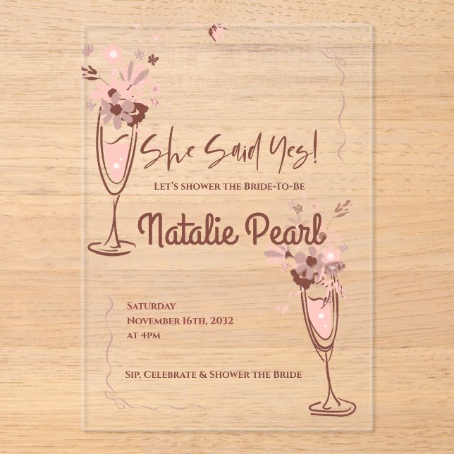 Invitations En Acrylique Blush Floral Champagne She Said Yes Bridal Shower (Recto)