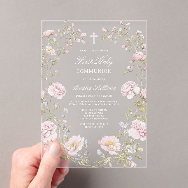 Invitations En Acrylique Blush Floral Frame First Holy Communion (In situ (ordinateur de poche))