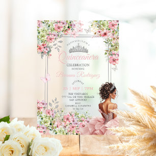 Invitations En Acrylique Blush Floral Rose et Papillon Vert Quinceañera