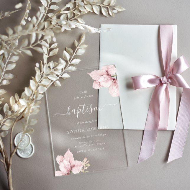 Invitations En Acrylique Blush Flower Petals Elegant Girls Baptism (Créateur téléchargé)