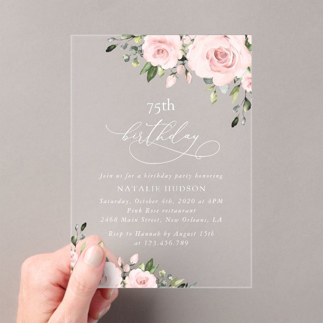 Invitations En Acrylique Blush Flowers, Pink Flowers, Greenery, Birthday (In situ (ordinateur de poche))