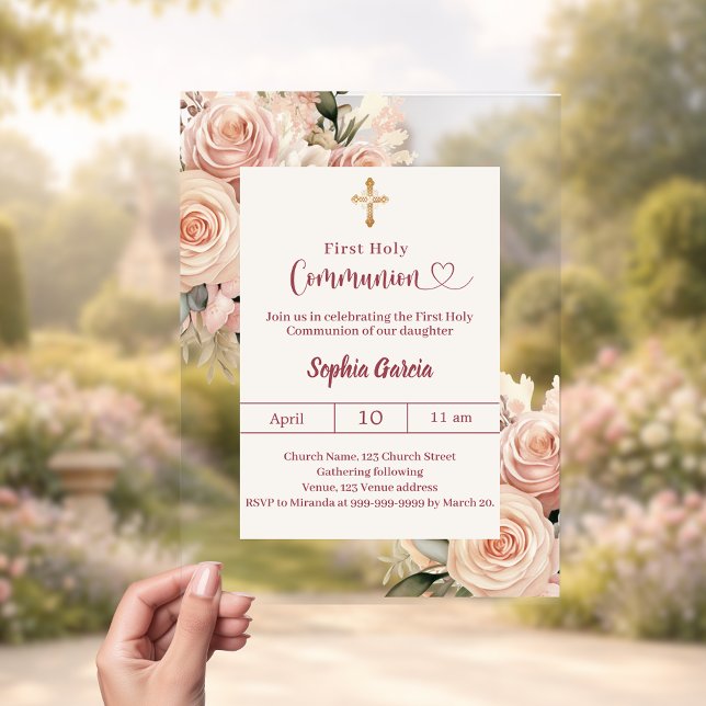 Invitations En Acrylique Blush Ivory dusty rose florals cleFirst Communion (Créateur téléchargé)