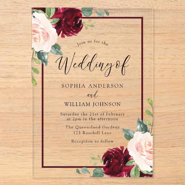 Invitations En Acrylique Blush Parfait : Bordure de mariage floral aquarell (Recto)