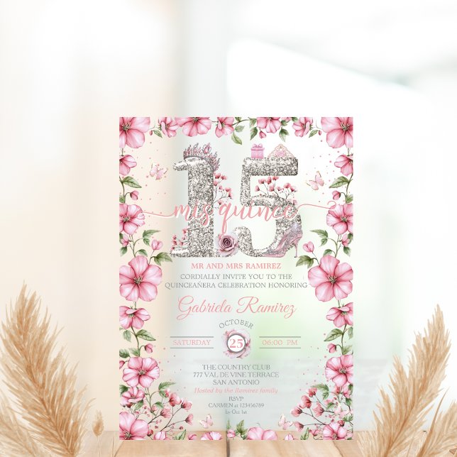 Invitations En Acrylique Blush Pink and Silver Tiara Mis Quince Quinceañera (Créateur téléchargé)