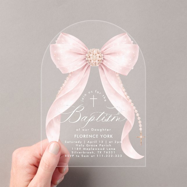 Invitations En Acrylique Blush Pink Bow Pearls Baby Girl Baptism Religious (In situ (ordinateur de poche))
