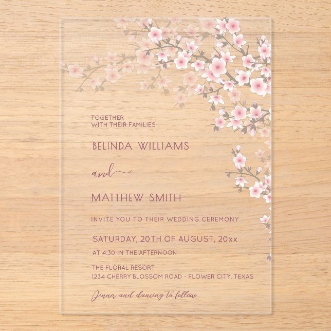 Invitations En Acrylique Blush Pink Cherry Blossom Wedding (Recto)