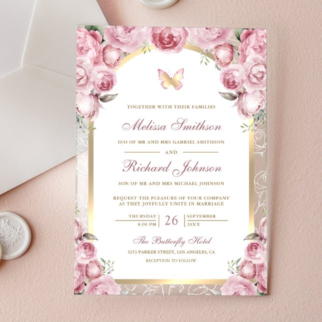 Invitations En Acrylique Blush Pink Floral Gold Arch Butterfly Wedding (Créateur téléchargé)