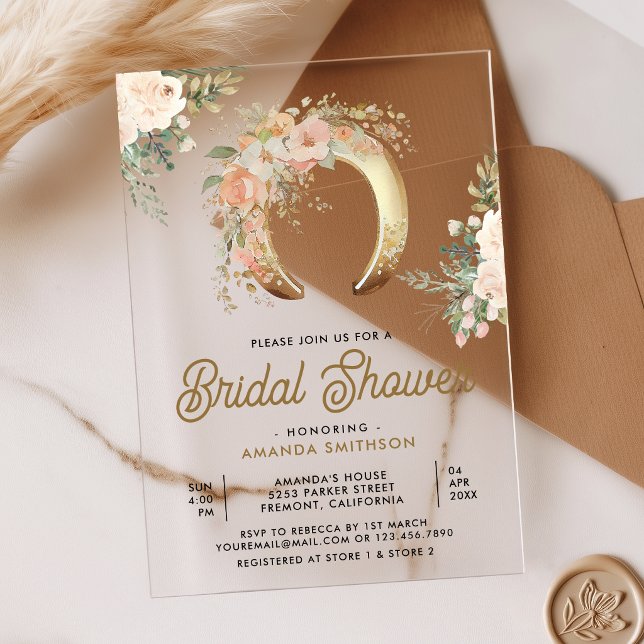 Invitations En Acrylique Blush Pink Floral Gold Horseshoe Bridal Shower (Créateur téléchargé)