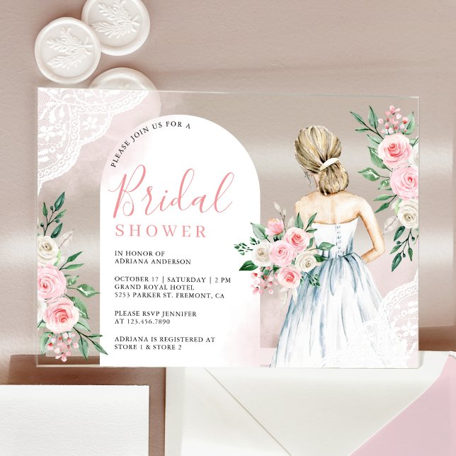 Invitations En Acrylique Blush Pink Floral White Lace Dress Bridal Shower (Créateur téléchargé)