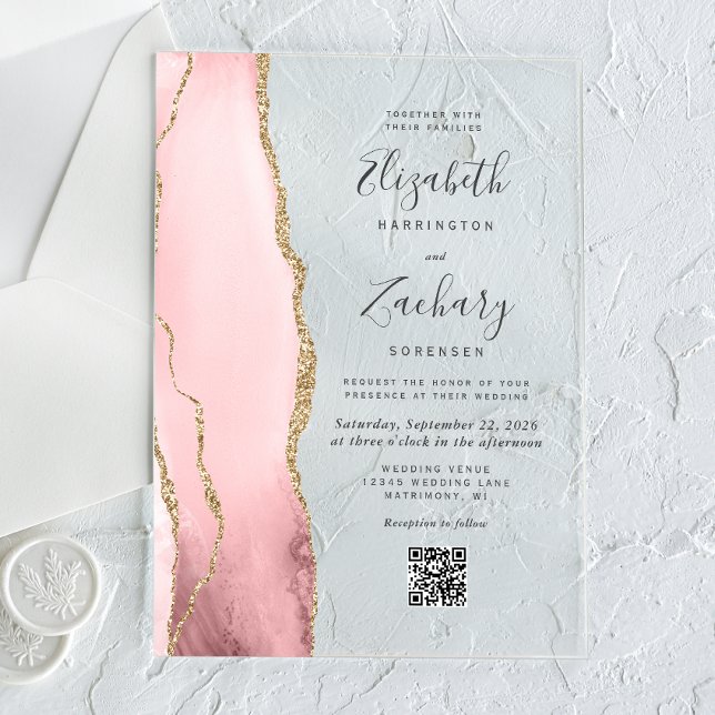 Invitations En Acrylique Blush Pink Gold Agate QR Code Wedding (Créateur téléchargé)