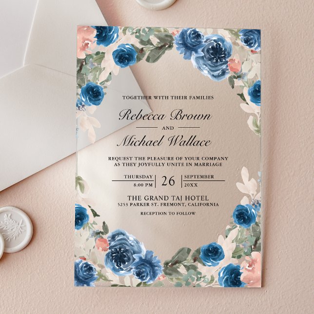 Invitations En Acrylique Blush Pink Navy Blue Floral Wedding (Créateur téléchargé)