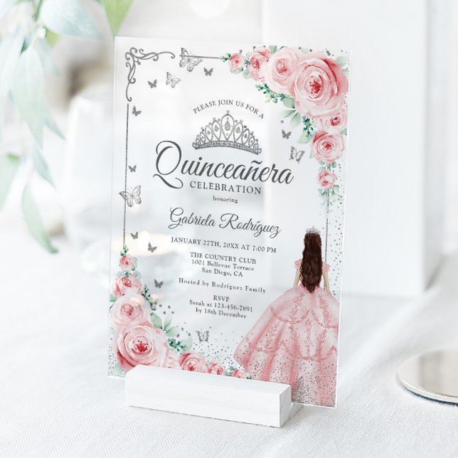 Invitations En Acrylique Blush Pink Watercolor Roses Silver Quinceanera (Créateur téléchargé)