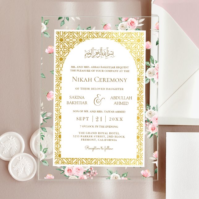 Invitations En Acrylique Blush rose Floral or Motif musulman Mariage musulm (Créateur téléchargé)