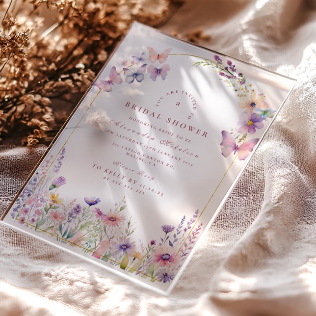 Invitations En Acrylique Blush Wildflowers and Butterflies Bridal Shower (Créateur téléchargé)
