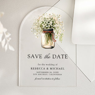 Invitations En Acrylique Bocal de mariage avec Gypsophile Enregistrer la Da