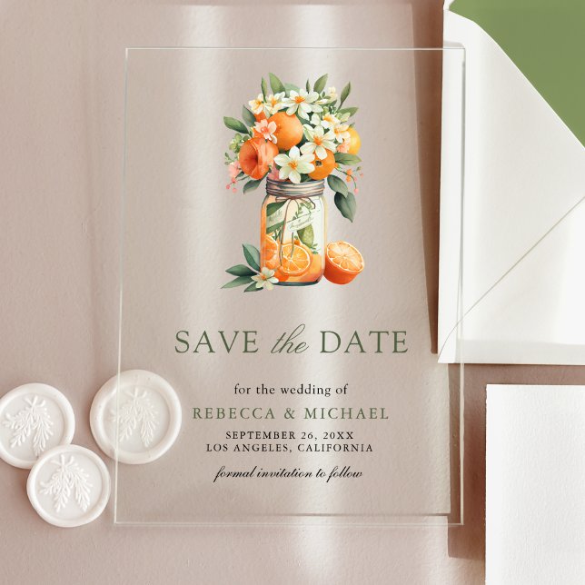 Invitations En Acrylique Bocal de mariage Citrus Orange Save the Date (Créateur téléchargé)