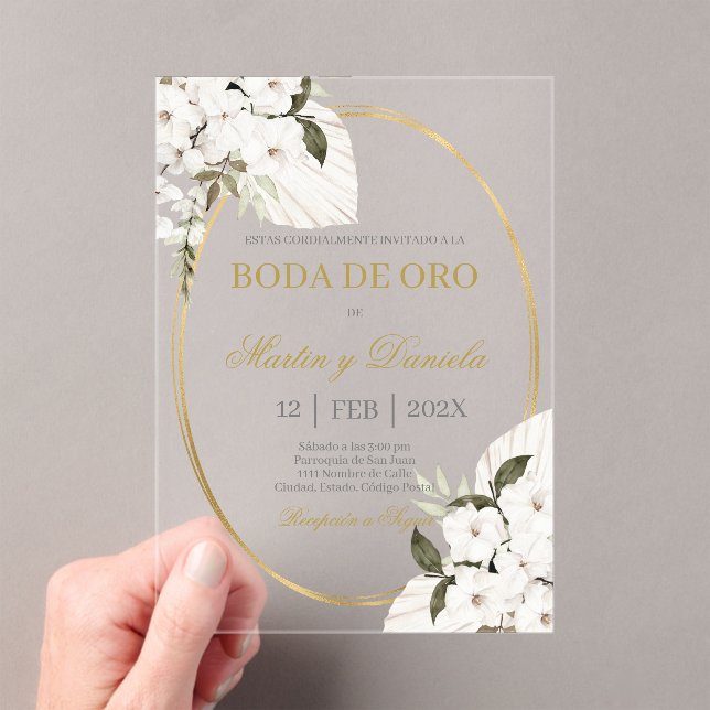 Invitations En Acrylique Boda de oro con boho blanco (In situ (ordinateur de poche))