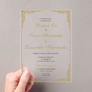 Invitations En Acrylique Boda de oro élégante éditable