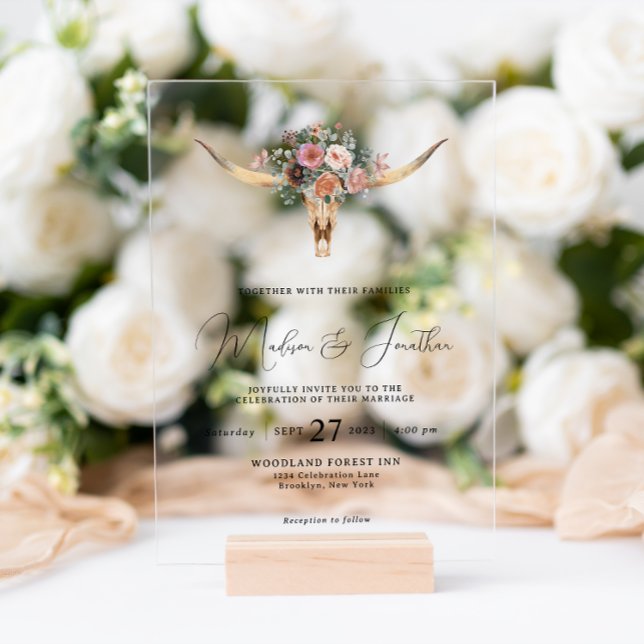 Invitations En Acrylique Bohème style champêtre Floral Taureau Mariage (Créateur téléchargé)