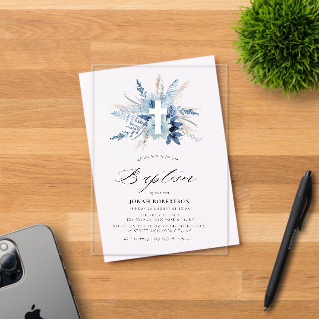 Invitations En Acrylique Bohemian pampas grass blue floral cross baptism (Insitu (Carte d'invitation))