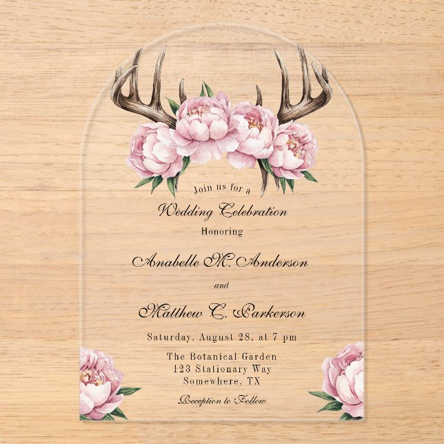 Invitations En Acrylique Boho Antler avec des pivoines roses Célébration du (Recto)