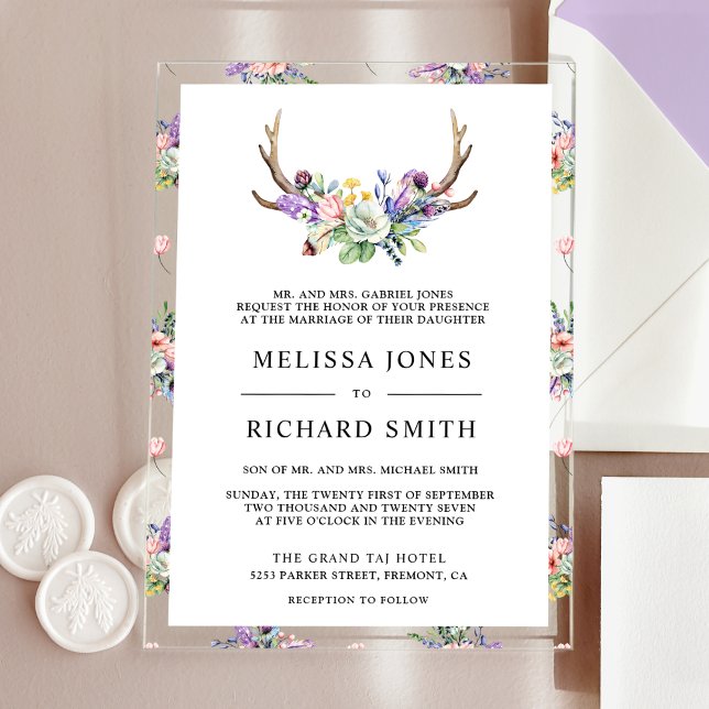 Invitations En Acrylique Boho Antlers Wildflower Wedding (Créateur téléchargé)