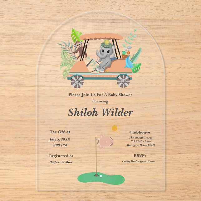 Invitations En Acrylique Boho Baby Elephant & Monkey Golf Baby shower (Recto)