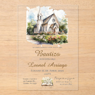 Invitations En Acrylique Boho Baptism in Spanish with church 