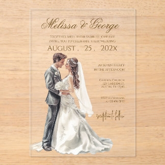 Invitations En Acrylique Boho beige with bride Wedding