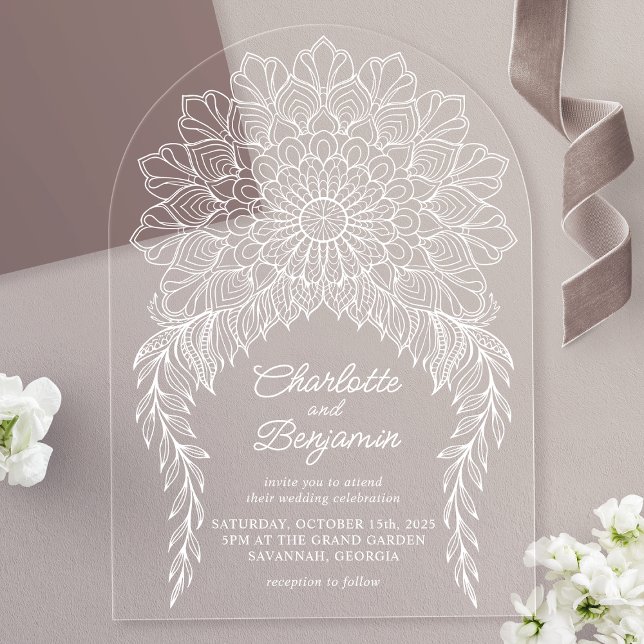 Invitations En Acrylique Boho blanc Mandala Mariage de vigne feuillus (Créateur téléchargé)