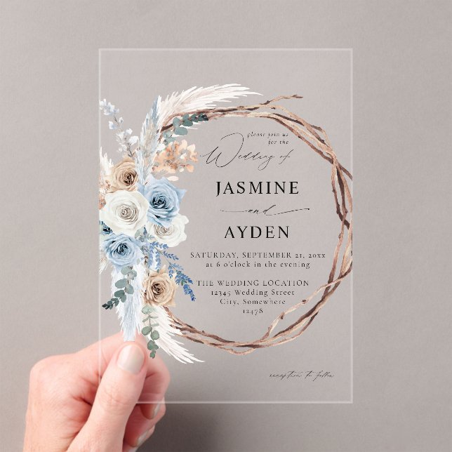 Invitations En Acrylique Boho bleu et beige Mariage de couronnes florales (In situ (ordinateur de poche))