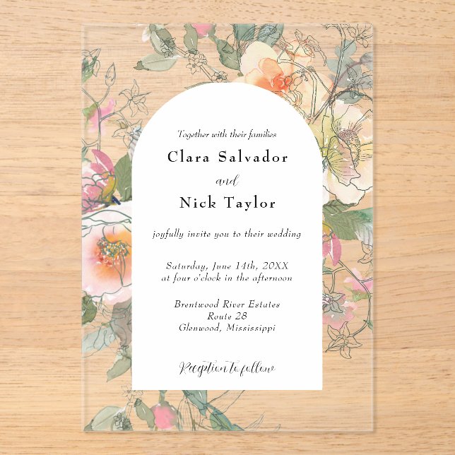 Invitations En Acrylique Boho Botanical Artist Sketch Garden Wedding (Recto)
