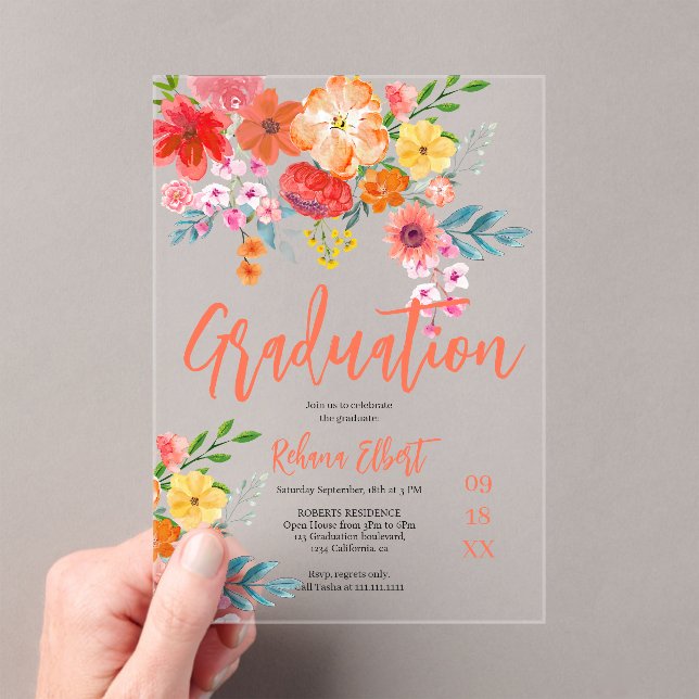 Invitations En Acrylique Boho Chic Orange Floral Graduation Photo (In situ (ordinateur de poche))