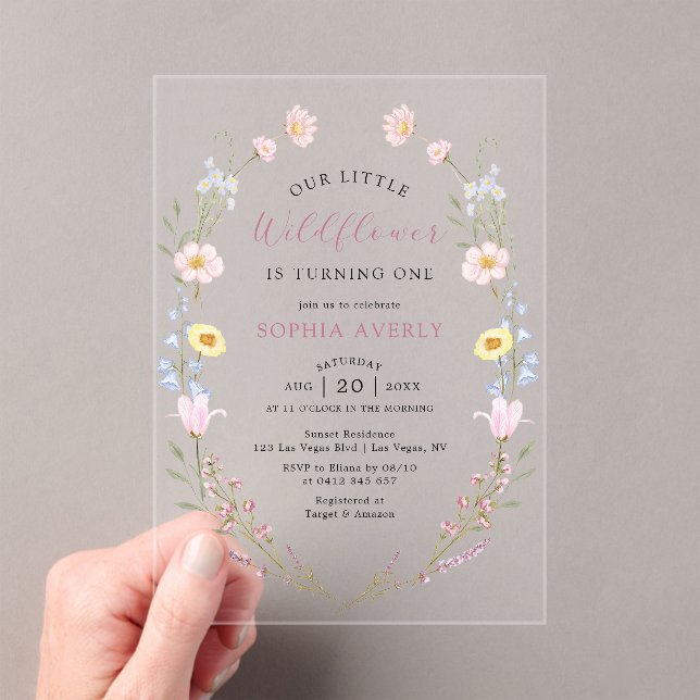 Invitations En Acrylique Boho Fleur sauvage 1er Jardin d'anniversaire (In situ (ordinateur de poche))