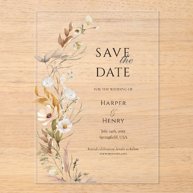 Invitations En Acrylique Boho fleur sauvage beige Botanique Enregistrer la  (Recto)