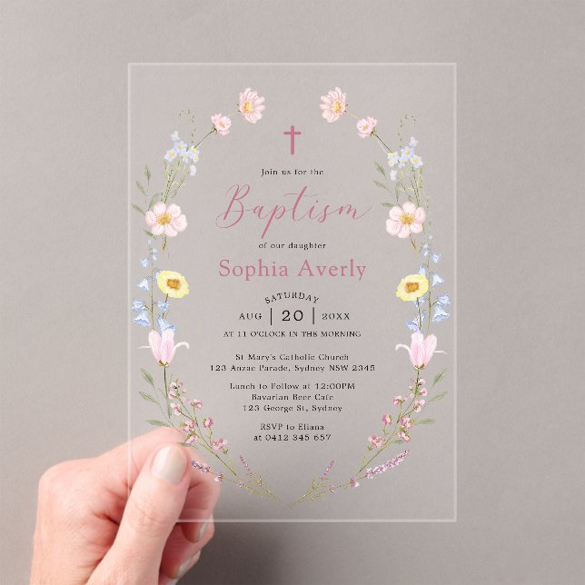 Invitations En Acrylique Boho Fleur sauvage Floral Girl Baptême (In situ (ordinateur de poche))