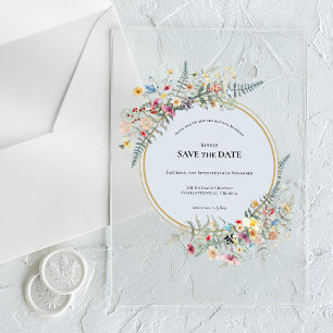 Invitations En Acrylique Boho Fleur Sauvage Fougère Bleu Poussiéreux Enregi